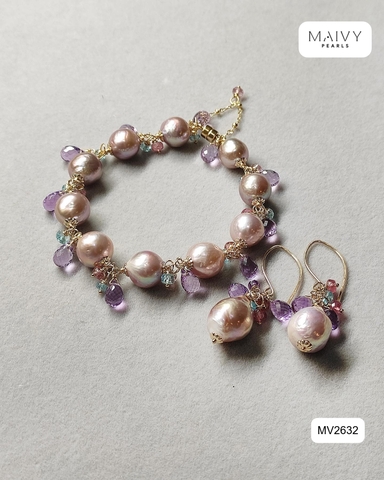 MV2632 - Set ngọc trai baroque hồng ánh tím mix đá thạch anh tím gồm lắc và bông tai