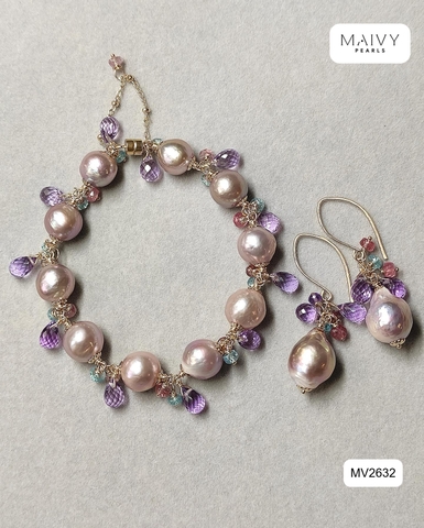 MV2632 - Set ngọc trai baroque hồng ánh tím mix đá thạch anh tím gồm lắc và bông tai