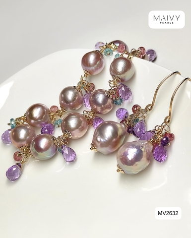 MV2632 - Set ngọc trai baroque hồng ánh tím mix đá thạch anh tím gồm lắc và bông tai