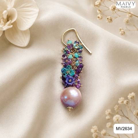 MV2634 - Bông tai trai baroque hồng ánh tím mix đá tự nhiên