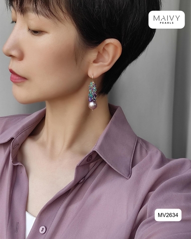 MV2634 - Bông tai trai baroque hồng ánh tím mix đá tự nhiên