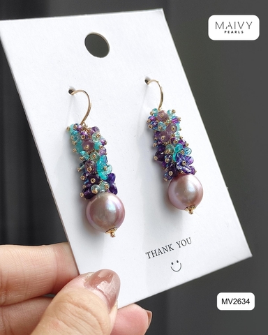MV2634 - Bông tai trai baroque hồng ánh tím mix đá tự nhiên