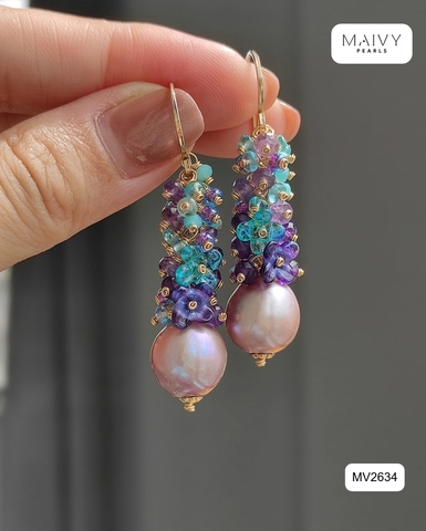 MV2634 - Bông tai trai baroque hồng ánh tím mix đá tự nhiên
