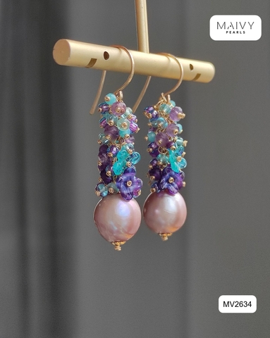 MV2634 - Bông tai trai baroque hồng ánh tím mix đá tự nhiên