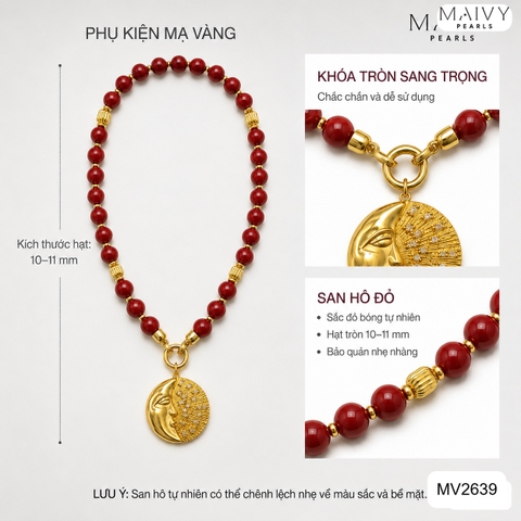 MV2639 - Dây chuyền san hô đỏ hạt tròn mix mặt phụ kiện bạc 925 mạ vàng 18k