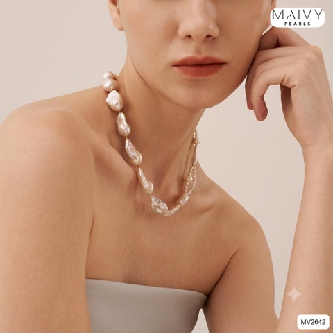 MV2642 - Dây chuyền ngọc trai trắng baroque to mix ngọc trai nhí dị