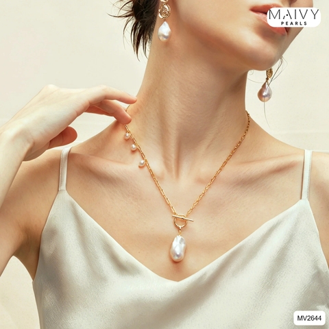 MV2644 - Dây chuyền bạc 925 mạ vàng 18k khóa T mặt nhấn ngọc trai baroque trắng