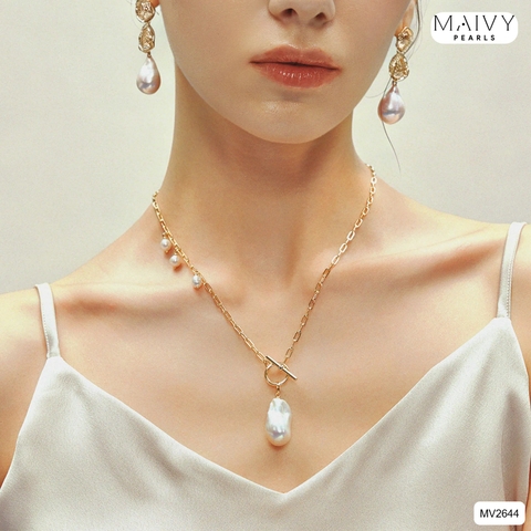 MV2644 - Dây chuyền bạc 925 mạ vàng 18k khóa T mặt nhấn ngọc trai baroque trắng