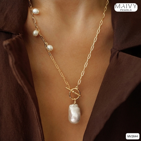 MV2644 - Dây chuyền bạc 925 mạ vàng 18k khóa T mặt nhấn ngọc trai baroque trắng