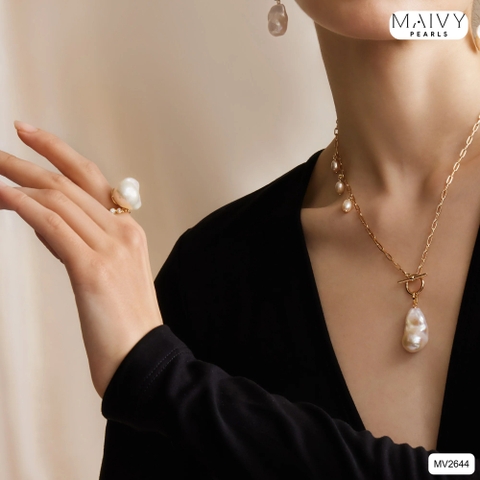 MV2644 - Dây chuyền bạc 925 mạ vàng 18k khóa T mặt nhấn ngọc trai baroque trắng