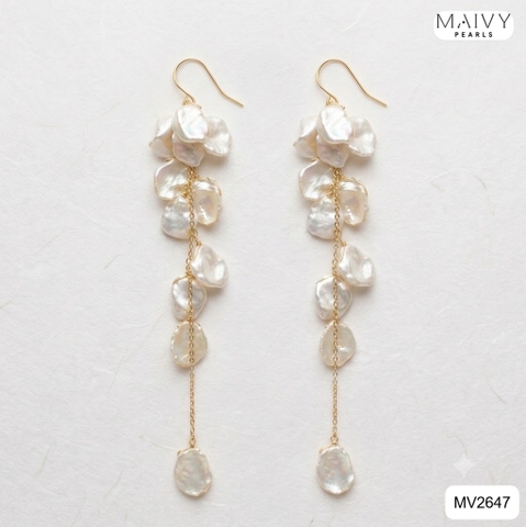 MV2647 - Bông tai ngọc trai trắng keshi dáng dài