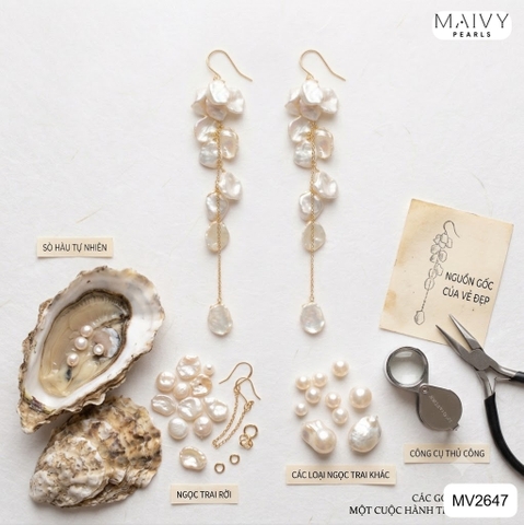 MV2647 - Bông tai ngọc trai trắng keshi dáng dài