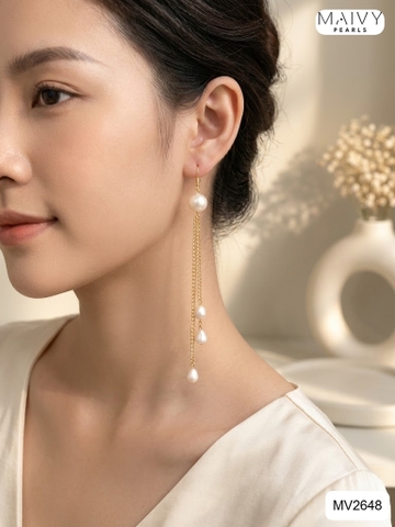 MV2648 -  Bông tai ngọc trai trắng viên chủ thả dài có 2 dáng 3 sợi dài và 5 sợi dài