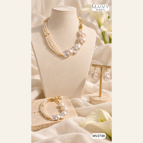 Set ngọc trai baroque nhiều tầng: lắc tay, dây chuyền, nhẫn, hoa tai MV2748