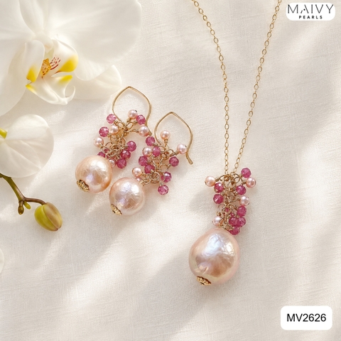 MV2626 -  Set ngọc trai baroque hồng ánh tím mix đá tự nhiên hồng
