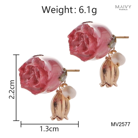MV2577 - Bông tai hoa hồng phủ keo mix charm hoa linh lan 2 màu hồng/vàng