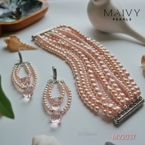 MV2037 - Set Ngọc Trai Lắc Tay / Bông Tai Màu Hồng Nhiều Sợi