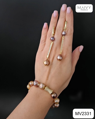 MV2331 - Set ngọc trai baroque màu hồng ánh tím mix phụ kiện bạc 925 mạ vàng 18k gồm lắc tay, bông tai