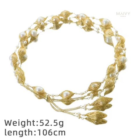 MV2115- Dây chuyền dài hạt trai quấn viền phong cách