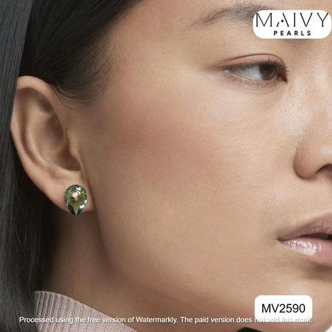 MV2590- Bông tai đá xanh 2 bên đói xứng giọt nước và vuông