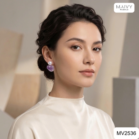 MV2536 - Bông tai ngọc trai trắng mix đá thạch anh tím dáng nụ