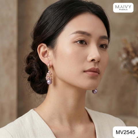 MV2545- Bông tai ngọc trai hồng ánh tím nhiều size kết chùm tầng dáng tònten
