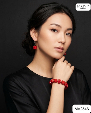 MV2546 - Set 2 sản phẩm lắc tay và bông tai san hô đỏ khối size 11-13mm