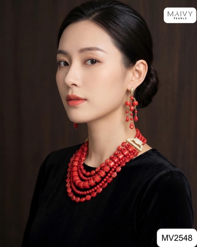 MV2548 - Set san hô đỏ tự nhiên nhiều sợi nhiều size gồm dây chuyền/lắc tay/bông tai