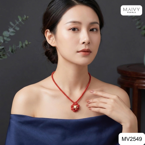 MV2549 - Set san hô đỏ tự nhiên kết hoa gồm dây chuyền/lắc/nhẫn/bông tai