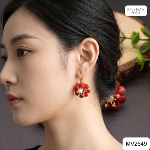 MV2549 - Set san hô đỏ tự nhiên kết hoa gồm dây chuyền/lắc/nhẫn/bông tai