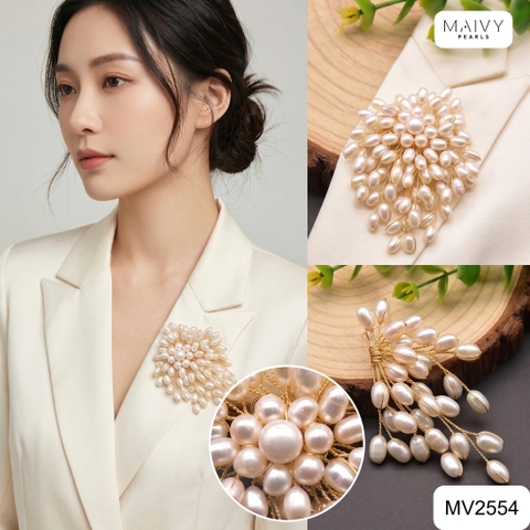 MV2554- Cài áo trai gạo màu trắng kết chùm to sang trọng ghim cài
