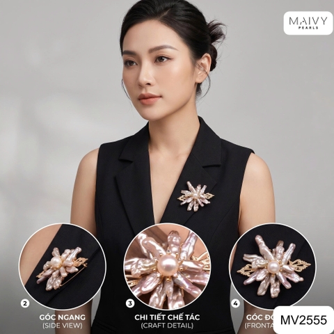 MV2555 - Cài áo ngọc trai hạt baroque dài màu hồng ánh tím kết hoa to