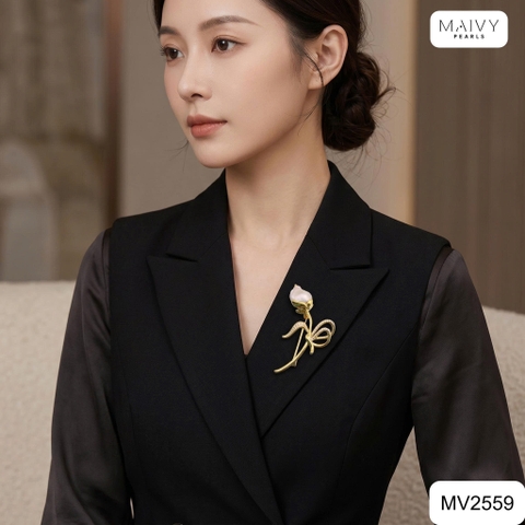 MV2559 - Cài áo hoa lan thiết kế viên trai baroque màu trắng phụ kiện bạc 925 mạ vàng 18k
