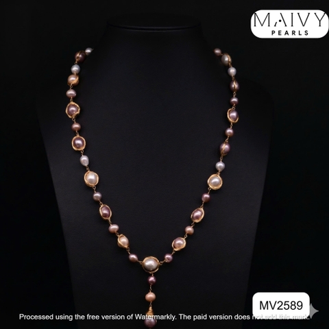 MV2589 - Dây chuyền nhiều size hạt dáng dài quấn viền bạc 925 mạ vàng 18k màu hồng pastel