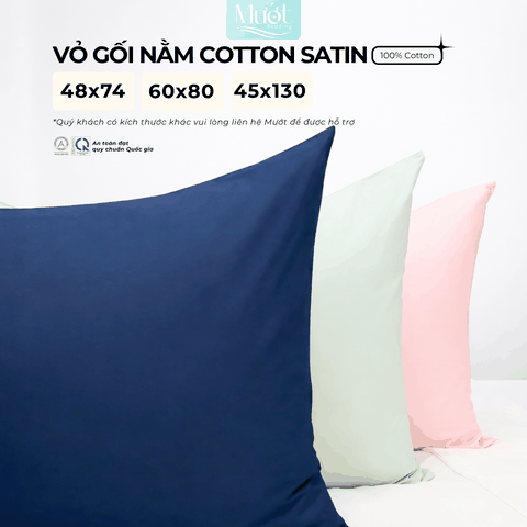 Vỏ gối nằm Cotton Satin trơn size 48x74cm 60x80cm 45x130cm Mướt Bedding, thấm hút mồ hôi, dùng cho gia đình, khách sạn
