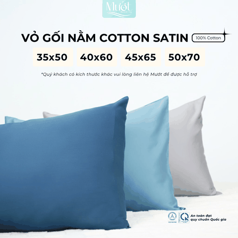 Vỏ gối nằm Cotton Satin trơn size 50x70cm 45x65cm 40x60cm 35x50cm Mướt Bedding, thấm hút mồ hôi, dùng cho gia đình, khách sạn