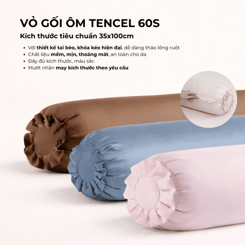 Vỏ Gối Ôm Lụa Tencel 60s Size 35x100cm Màu Trơn, Nhiều màu, Dây kéo khoá Mướt bedding, mềm, mịn, thoáng mát