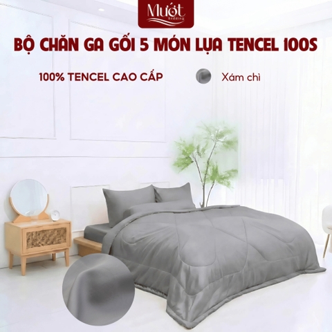 [Tencel 100s] Bộ chăn ga gối Lụa Tencel 100s 5 món cao cấp Mướt Bedding, chăn chần bông đầy đủ kích thước - Nâu xám chì - 1m8x2m (Dày 5-22cm)