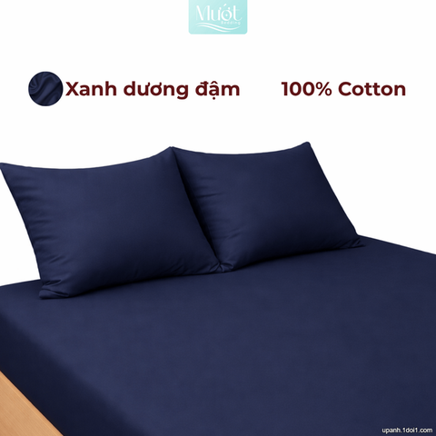 Bộ ga gối lụa Cotton Satin trơn màu - Mướt Bedding, bộ 3 món cao cấp Xanh dương đậm 1m4x2m (Dày 35cm trở lên)