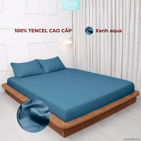 Bộ 4 Món Ga Gối Lụa Tencel 60s - Xanh Aqua - 1m6x2m (13-22cm)
