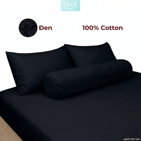 Bộ ga gối lụa Cotton Satin trơn màu - Mướt Bedding, bộ 4 món cao cấp Đen 2m2x2m (Dày 35 trở lên)