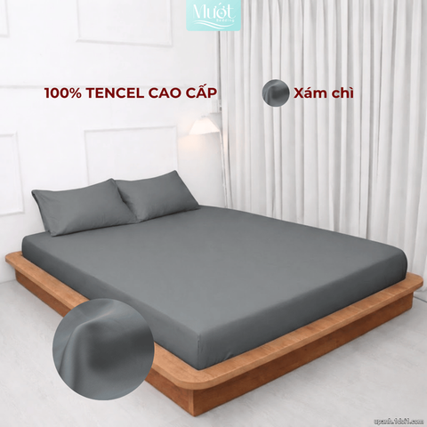 Bộ 4 Món Ga Gối Lụa Tencel 60s - Xám Chì - 1m6x2m (Dày 35cm trở lên)