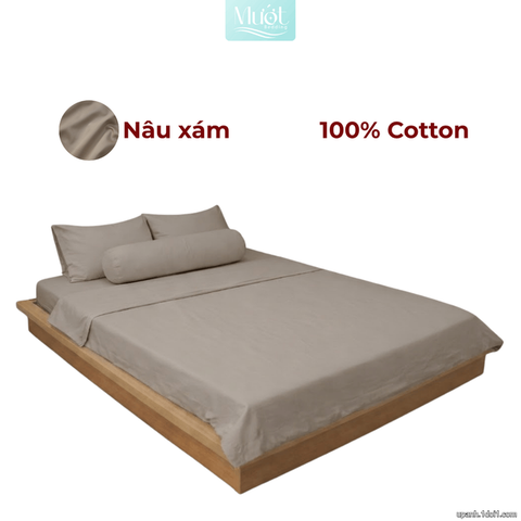 Bộ 5 món ga gối lụa ( vỏ chăn )Cotton Satin trơn màu - Mướt Bedding, bộ 5 món cao cấp Nâu xám 2m2x2m (Dày 35cm trở lên)