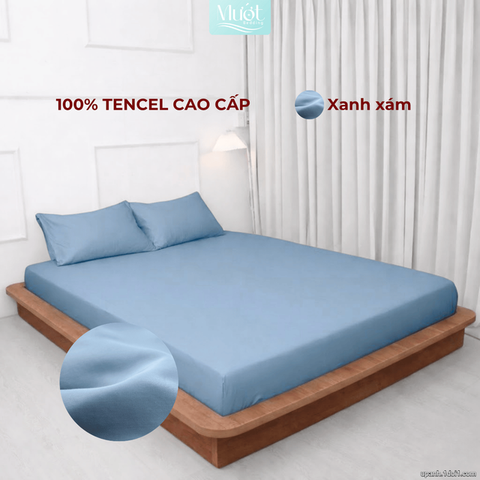 Bộ 4 Món Ga Gối Lụa Tencel 60s - Xanh Xám - 1m6x2m (13-22cm)