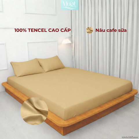 Bộ 4 món ga gối lụa 100% Tencel 60S trơn màu - Mướt Bedding, bộ 3 món cao cấp Nâu cà phê sữa 2m2x2m (Dày 13-22cm)
