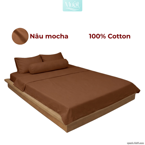 Bộ 5 món ga gối lụa ( vỏ chăn )Cotton Satin trơn màu - Mướt Bedding, bộ 5 món cao cấp Nâu mocha 2m2x2m (Dày 35cm trở lên)