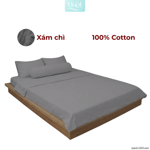 Bộ 5 món ga gối lụa ( vỏ chăn )Cotton Satin trơn màu - Mướt Bedding, bộ 5 món cao cấp Xám chì 2m2x2m (Dày 35cm trở lên)