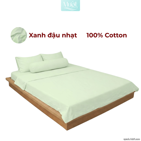 Bộ 5 món ga gối lụa ( vỏ chăn )Cotton Satin trơn màu - Mướt Bedding, bộ 5 món cao cấp Xanh đậu nhạt 2m2x2m (Dày 35cm trở lên)