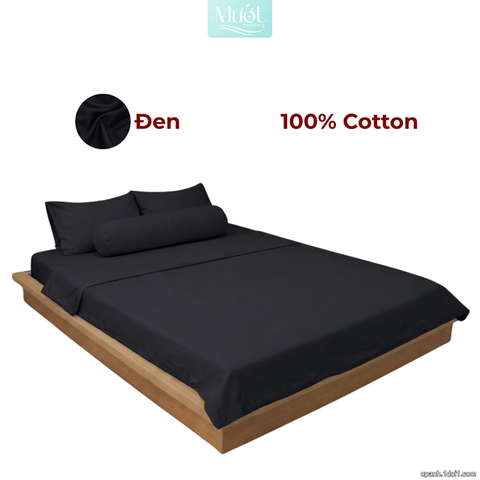 Bộ 5 món ga gối lụa ( vỏ chăn )Cotton Satin trơn màu - Mướt Bedding, bộ 5 món cao cấp Đen 2m2x2m (Dày 35cm trở lên)