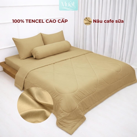 Bộ chăn ga gối lụa 100% Tencel 60S trơn màu - Mướt Bedding, bộ 5 món kèm chăn chần cao cấp Nâu cà phê sữa 1m2x2m (Dày 35cm trở lên)